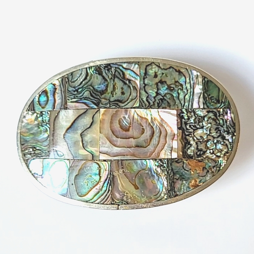 Abalone & Alpaca Silver Belt Buckle UNISEX VINTAGE - Picture 9 of 9
